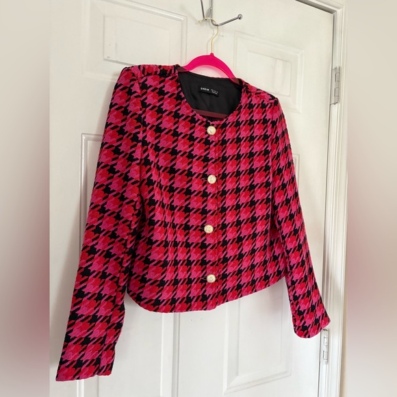 SHEIN Pink Black Houndstooth Blazer Lady Jacket Size S/M - Picture 10 of 16